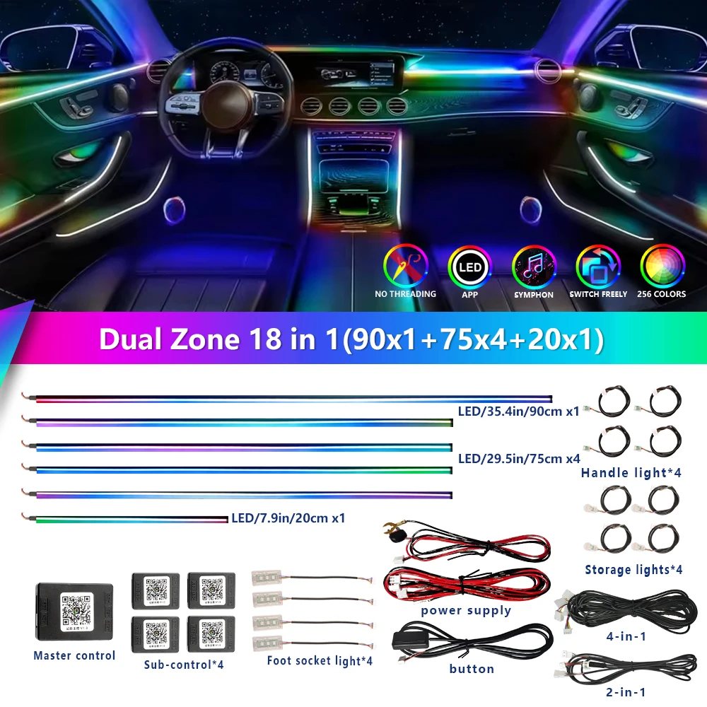 Kit luzes LED ambiente para carro 18 em 1 · RGB 256 cores · Bluetooth
